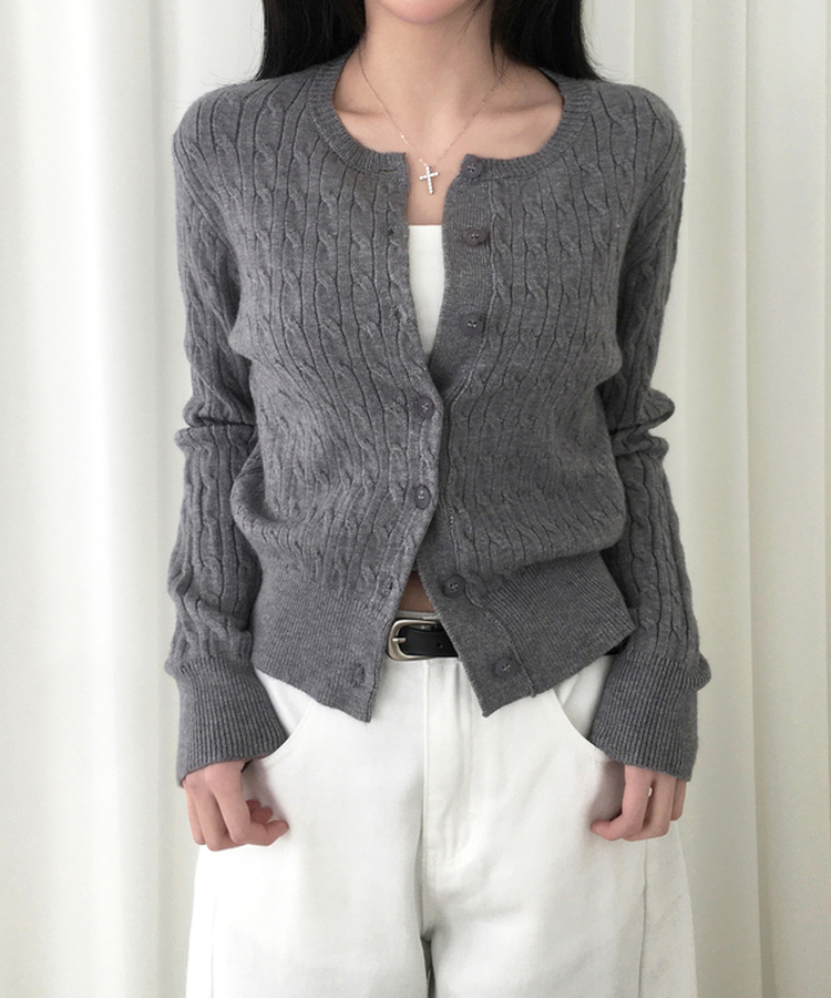 메빈 꽈배기 라운드 니트 긴팔 가디건 그레이