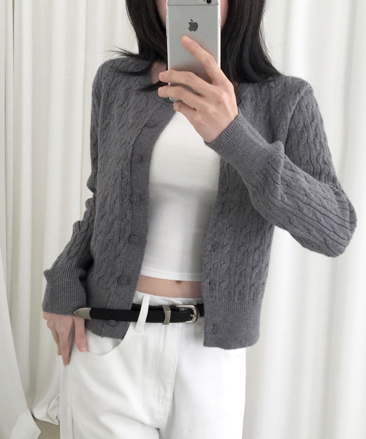 메빈 꽈배기 라운드 니트 긴팔 가디건 그레이