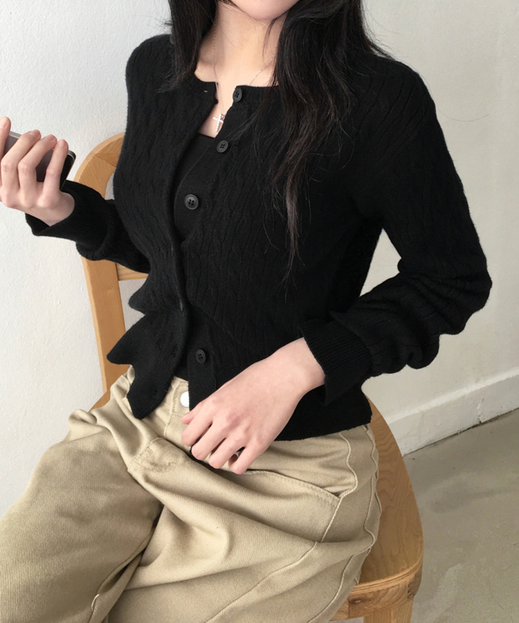 메빈 꽈배기 라운드 니트 긴팔 가디건 블랙