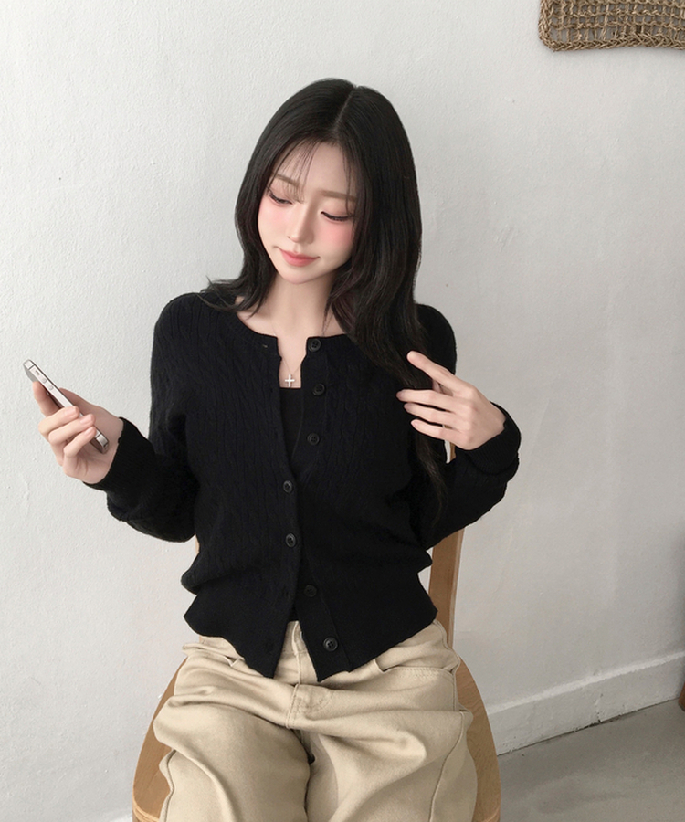 메빈 꽈배기 라운드 니트 긴팔 가디건 블랙