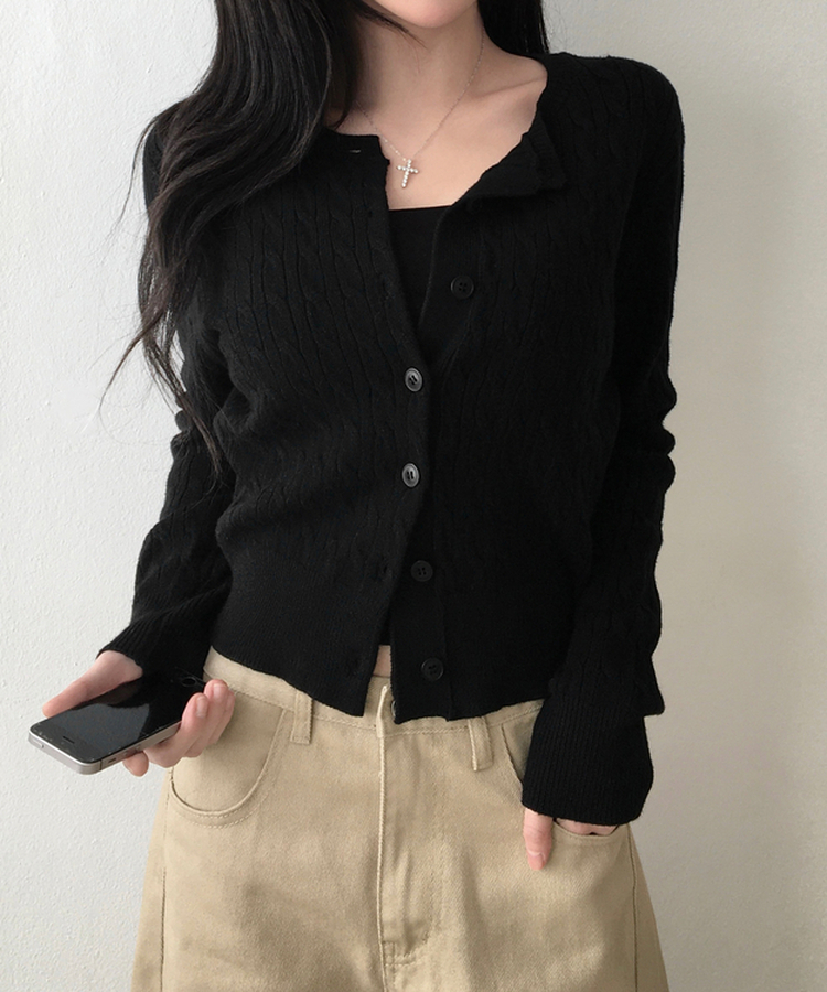 메빈 꽈배기 라운드 니트 긴팔 가디건 블랙