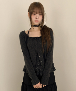 【SET】【マフラー付き】ドットフリルキャミソール カーディガン BLACK