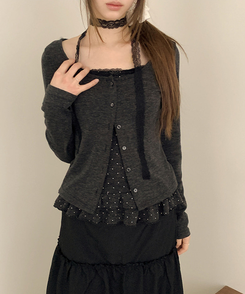 【SET】【マフラー付き】ドットフリルキャミソール カーディガン BLACK