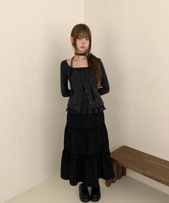 【SET】【マフラー付き】ドットフリルキャミソール カーディガン BLACK