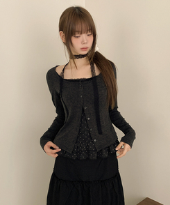 【SET】【マフラー付き】ドットフリルキャミソール カーディガン BLACK