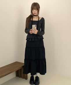 【SET】【マフラー付き】ドットフリルキャミソール カーディガン BLACK