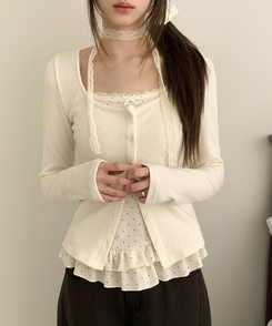 【SET】【マフラー付き】ドットフリルキャミソール カーディガン IVORY