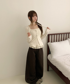 【SET】【マフラー付き】ドットフリルキャミソール カーディガン IVORY