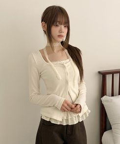 【SET】【マフラー付き】ドットフリルキャミソール カーディガン IVORY