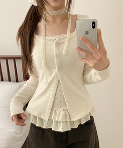 【SET】【マフラー付き】ドットフリルキャミソール カーディガン IVORY