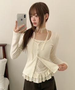 【SET】【マフラー付き】ドットフリルキャミソール カーディガン IVORY