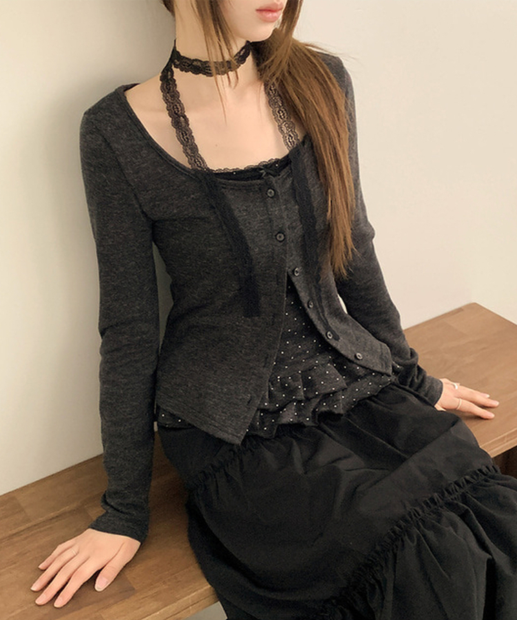 【SET】【マフラー付き】ドットフリルキャミソール カーディガン BLACK