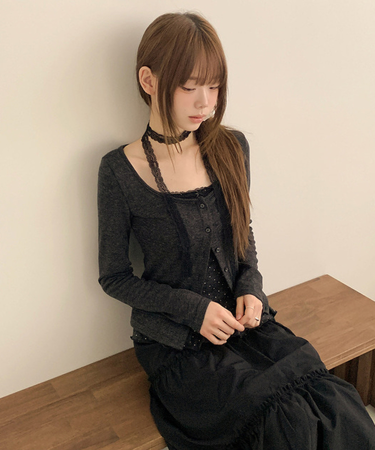 【SET】【マフラー付き】ドットフリルキャミソール カーディガン BLACK