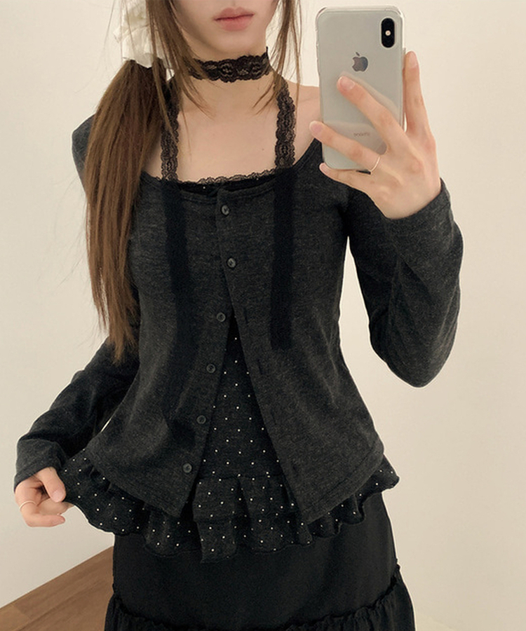 【SET】【マフラー付き】ドットフリルキャミソール カーディガン BLACK