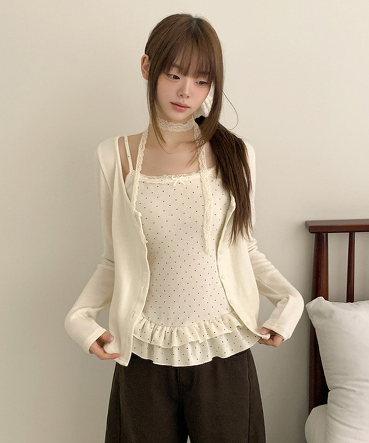 【SET】【マフラー付き】ドットフリルキャミソール カーディガン IVORY