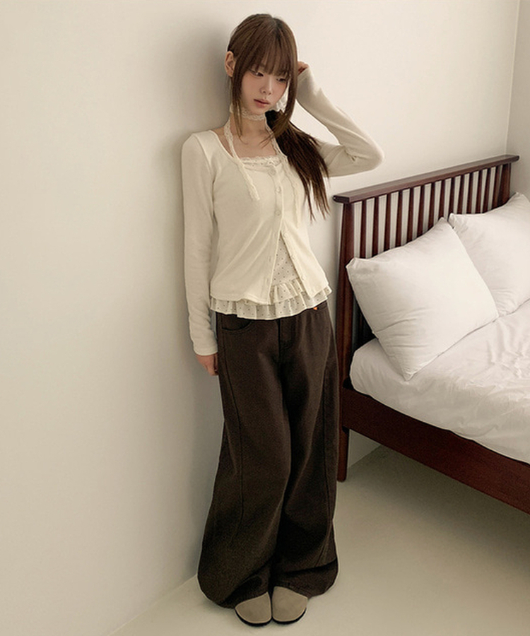 【SET】【マフラー付き】ドットフリルキャミソール カーディガン IVORY