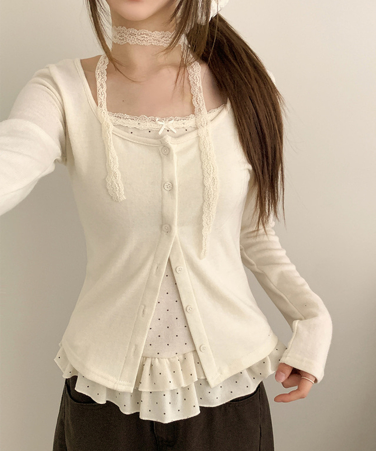 【SET】【マフラー付き】ドットフリルキャミソール カーディガン IVORY