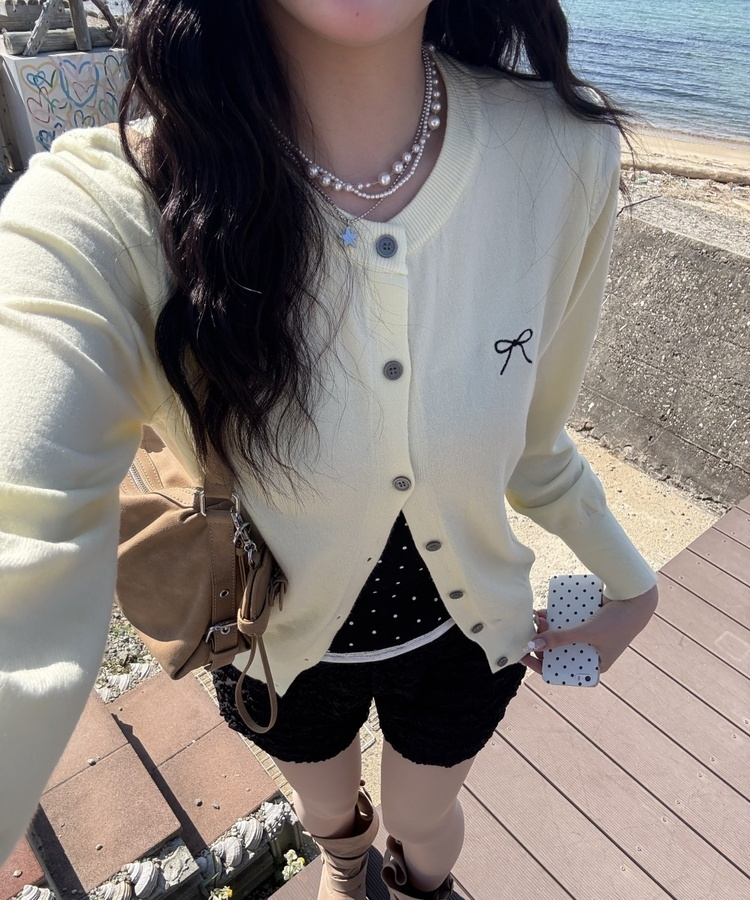 リボン刺繍ラウンドカーディガン YELLOW