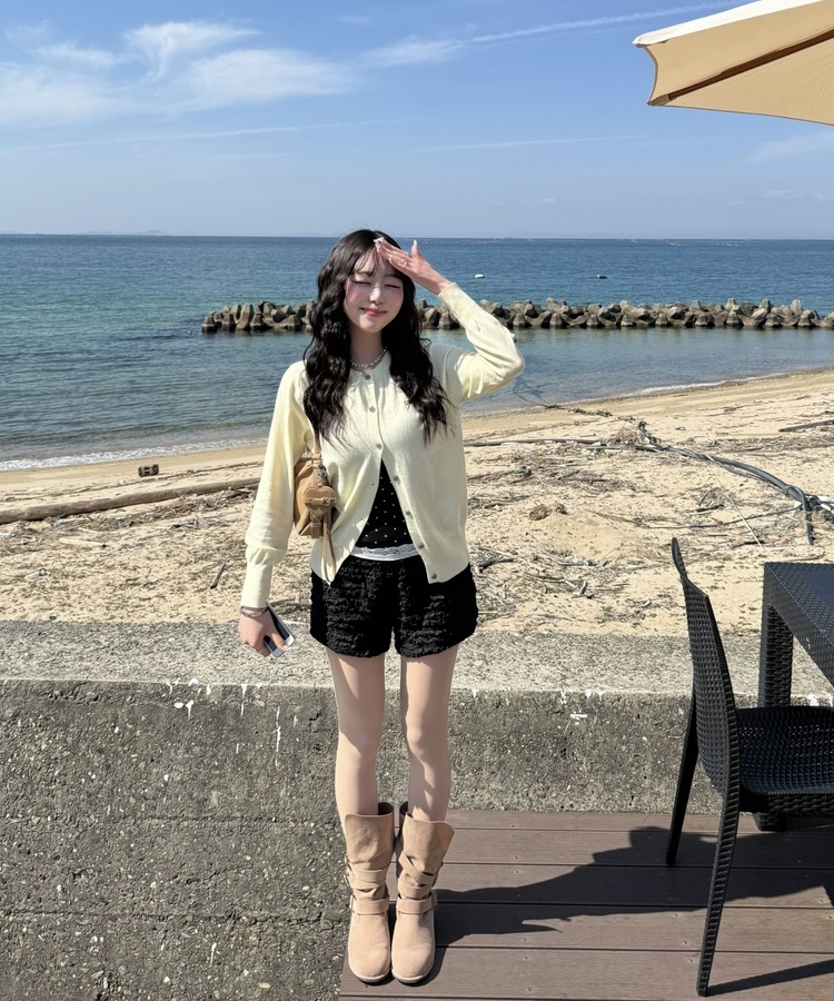 リボン刺繍ラウンドカーディガン YELLOW