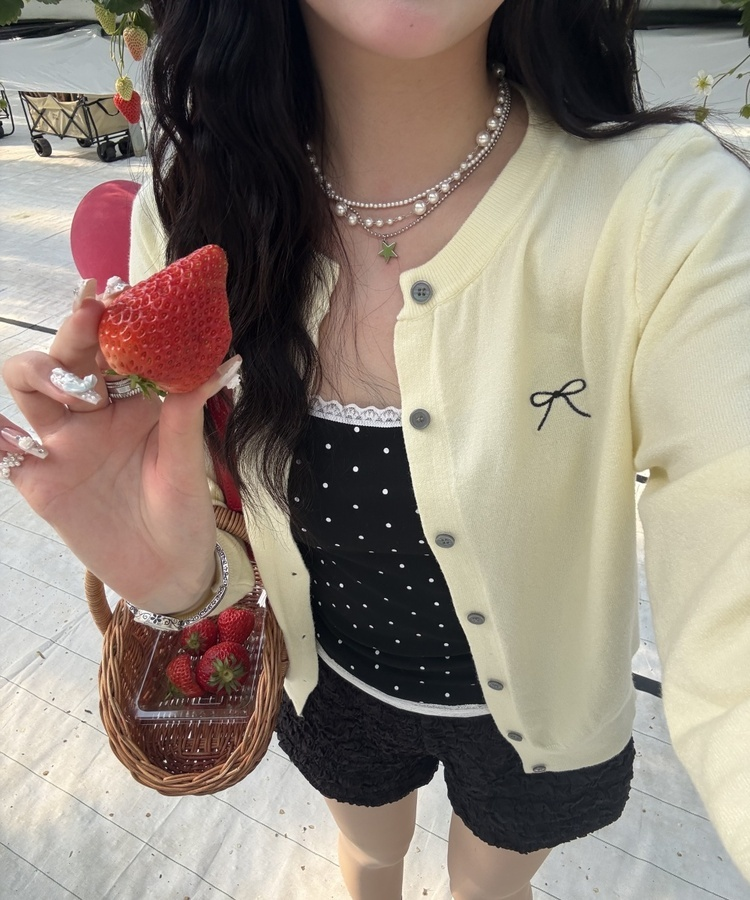 リボン刺繍ラウンドカーディガン YELLOW