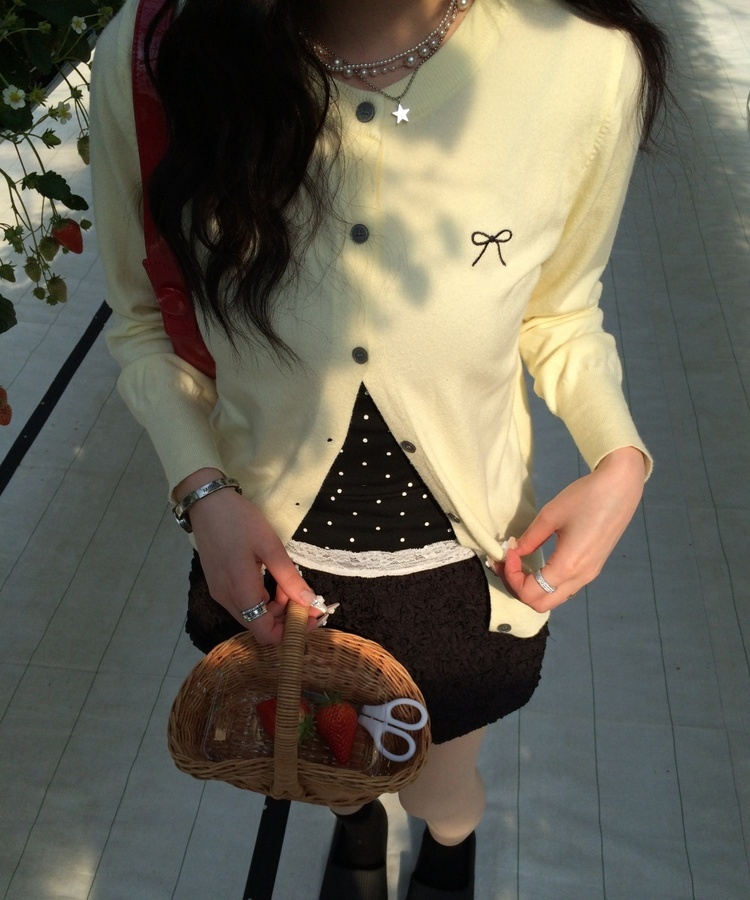 リボン刺繍ラウンドカーディガン YELLOW