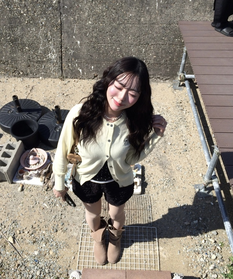 リボン刺繍ラウンドカーディガン YELLOW