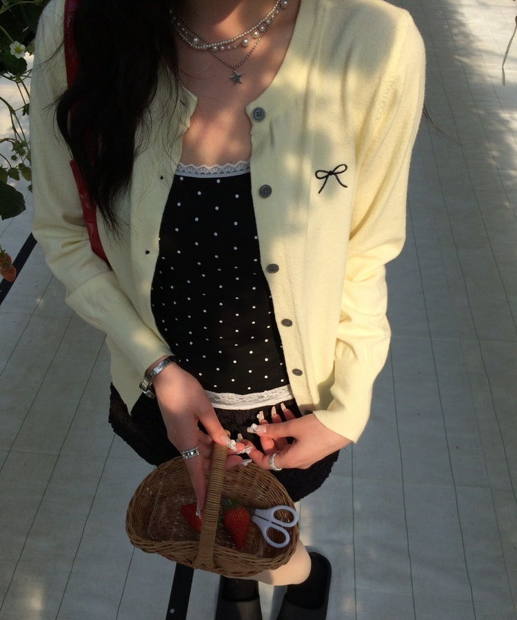 リボン刺繍ラウンドカーディガン YELLOW