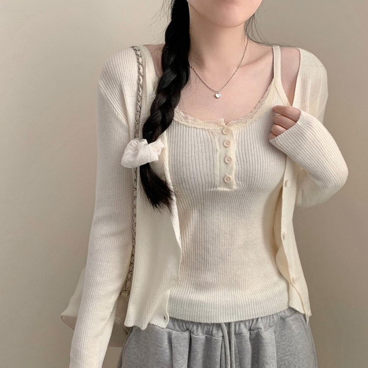 세인트 레이스 단추 나시 긴팔 골지 가디건 세트 봄 봄옷 벚꽃 상의 수학여행 에겐