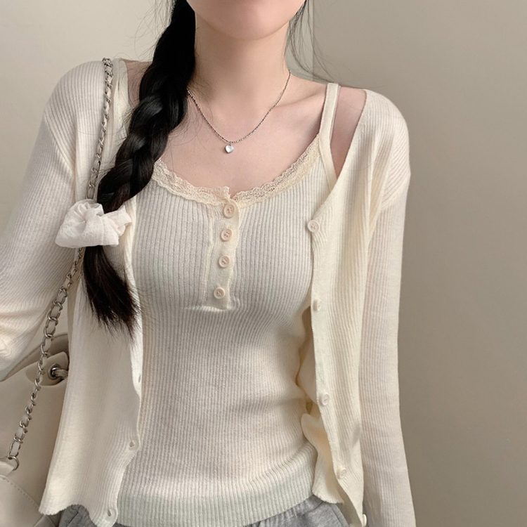 세인트 레이스 단추 나시 긴팔 골지 가디건 세트 봄 봄옷 벚꽃 상의 수학여행 에겐