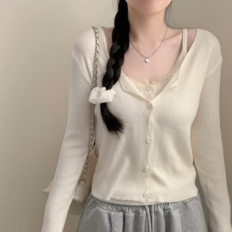 세인트 레이스 단추 나시 긴팔 골지 가디건 세트 봄 봄옷 벚꽃 상의 수학여행 에겐