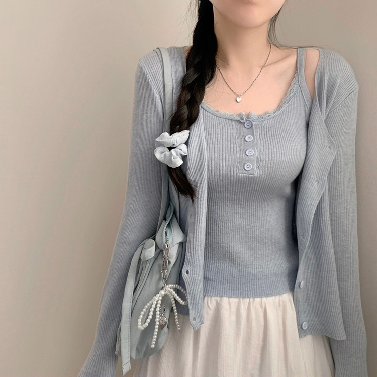 세인트 레이스 단추 나시 긴팔 골지 가디건 세트 봄 봄옷 벚꽃 상의 수학여행 에겐