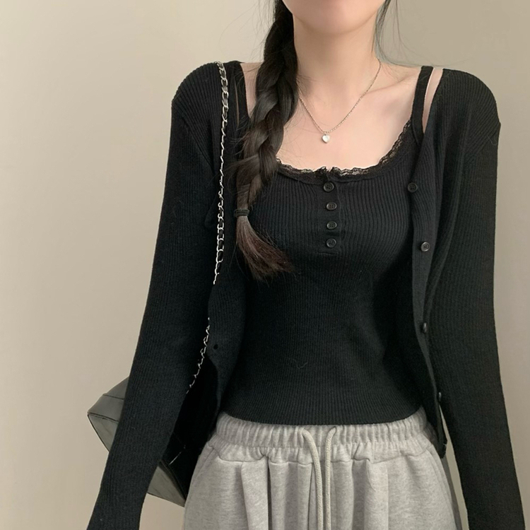 세인트 레이스 단추 나시 긴팔 골지 가디건 세트 봄 봄옷 벚꽃 상의 수학여행 에겐