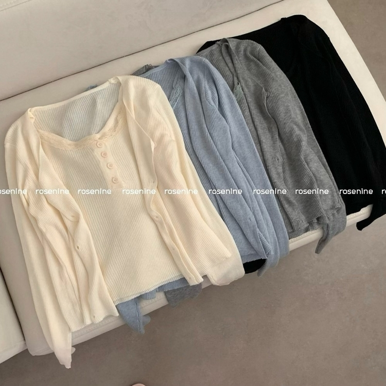 세인트 레이스 단추 나시 긴팔 골지 가디건 세트 봄 봄옷 벚꽃 상의 수학여행 에겐