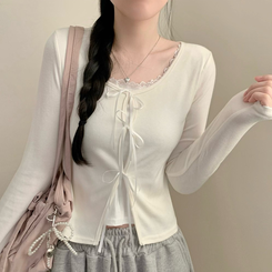 レースレイヤードリボン長袖Tシャツ WHITE