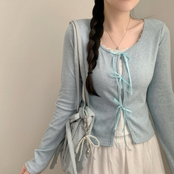 レースレイヤードリボン長袖Tシャツ SKY BLUE