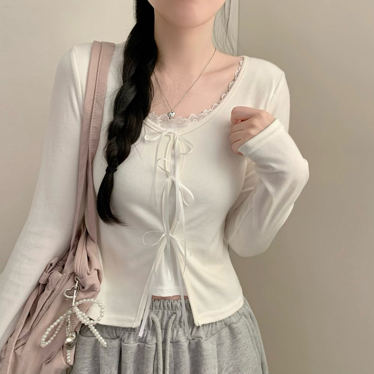 レースレイヤードリボン長袖Tシャツ WHITE
