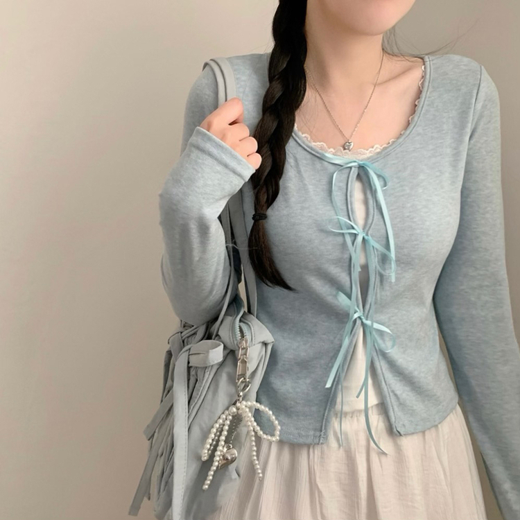 レースレイヤードリボン長袖Tシャツ SKY BLUE