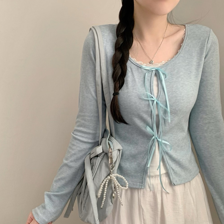 レースレイヤードリボン長袖Tシャツ SKY BLUE