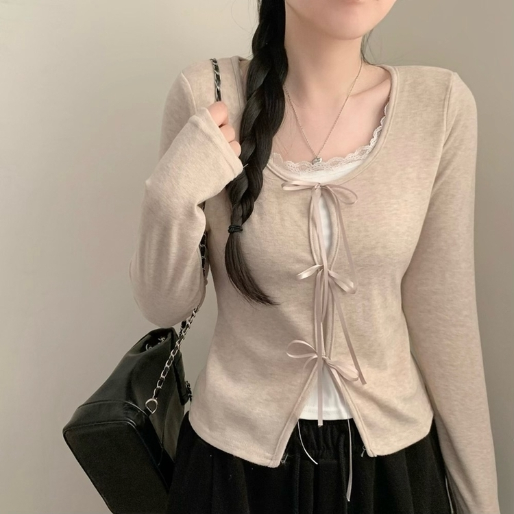 レースレイヤードリボン長袖Tシャツ DEEP BEIGE