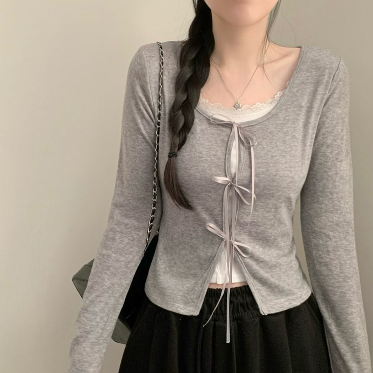 レースレイヤードリボン長袖Tシャツ GREY