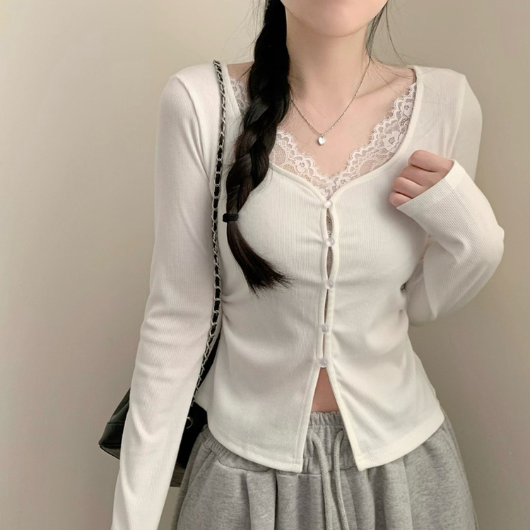 로라 콩단추 트임 긴팔티 롱슬리브 레이어드 봄 봄옷 벚꽃 상의 긴팔티셔츠 수학여행 에겐 화이트