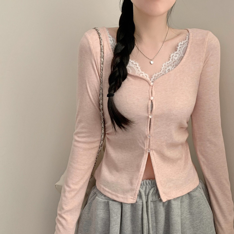 로라 콩단추 트임 긴팔티 롱슬리브 레이어드 봄 봄옷 벚꽃 상의 긴팔티셔츠 수학여행 에겐 핑크