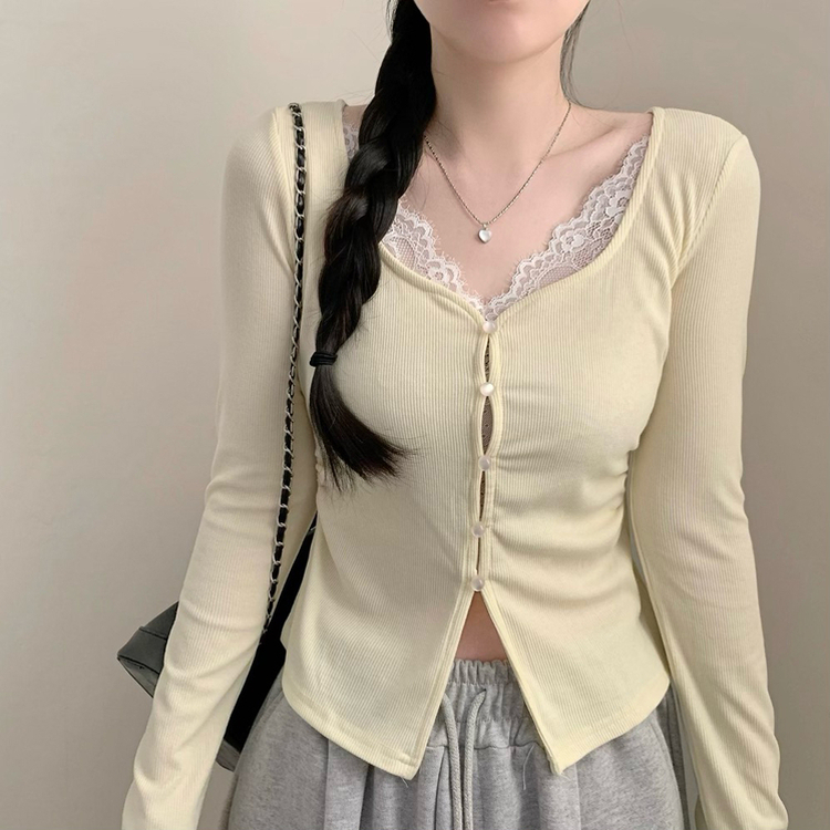 로라 콩단추 트임 긴팔티 롱슬리브 레이어드 봄 봄옷 벚꽃 상의 긴팔티셔츠 수학여행 에겐 옐로우