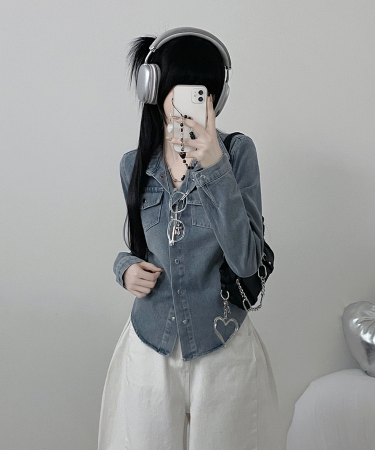 루틴워싱데님투포켓버튼잘록핏세미크롭청셔츠남방 연청