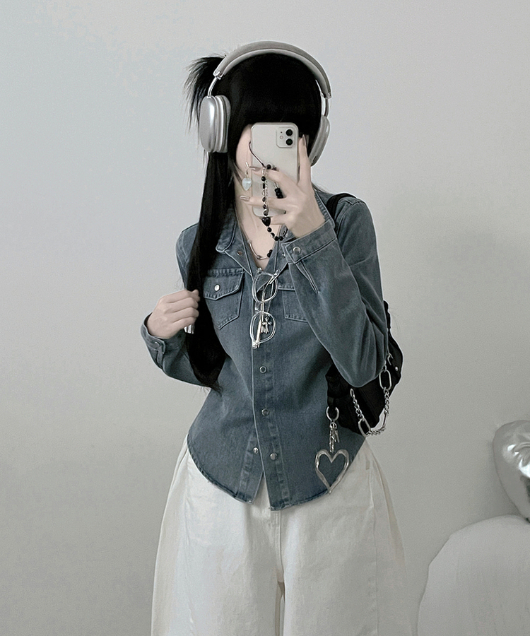 루틴워싱데님투포켓버튼잘록핏세미크롭청셔츠남방 연청