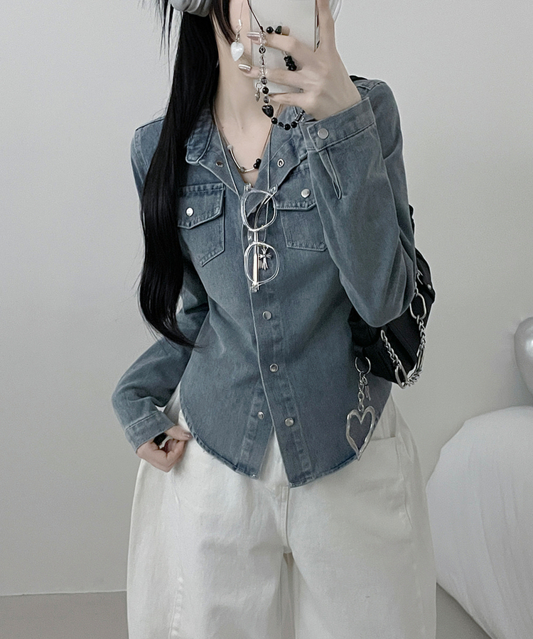 루틴워싱데님투포켓버튼잘록핏세미크롭청셔츠남방 연청