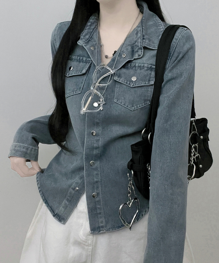 루틴워싱데님투포켓버튼잘록핏세미크롭청셔츠남방 연청