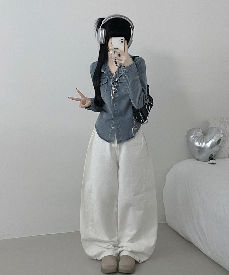 루틴워싱데님투포켓버튼잘록핏세미크롭청셔츠남방 연청