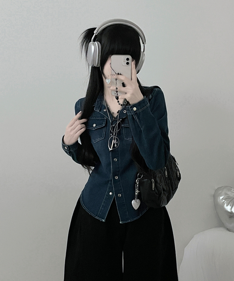 루틴워싱데님투포켓버튼잘록핏세미크롭청셔츠남방 진청