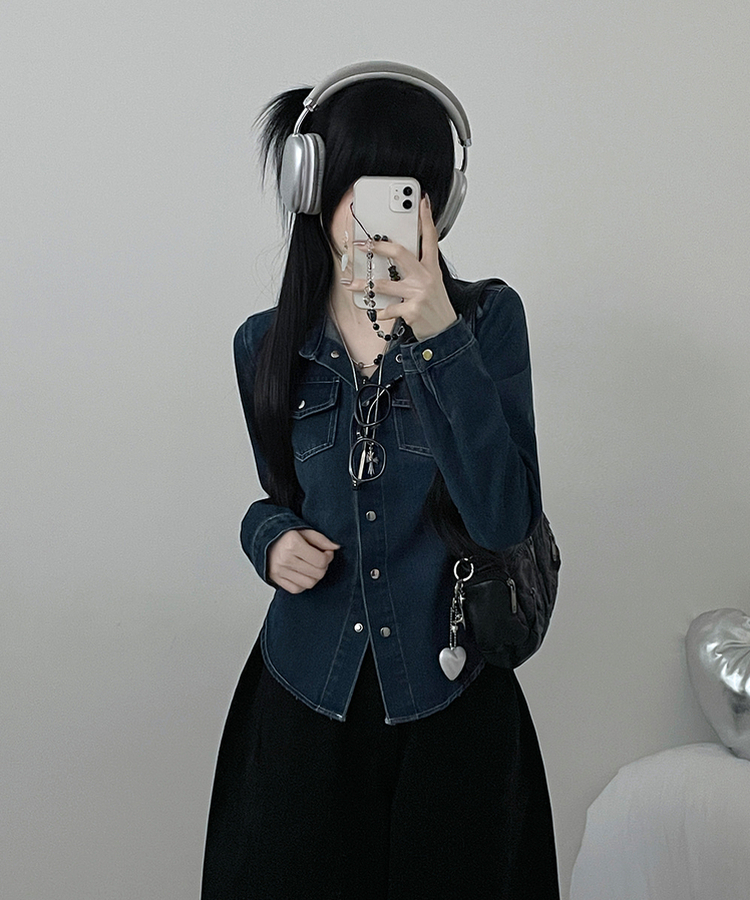 루틴워싱데님투포켓버튼잘록핏세미크롭청셔츠남방 진청